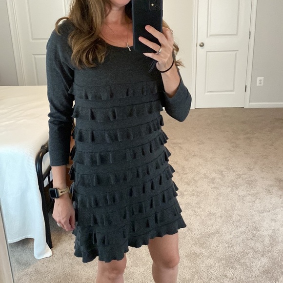 J. Crew Charcoal Gray Tiered Ruffle Pima Cotton & Wool Sweater Dress - Picture 1 of 6